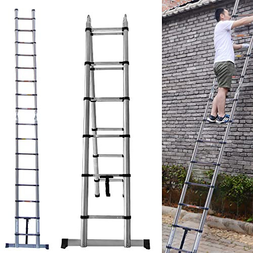 Scala pieghevole 5 m Scala telescopica multiuso 2,5 m+2,5 m A Telaio Estensione Telescopica Scala 16 gradini Telescopica Scala Estendibile per Home Office Indoor Outdoor Capacità 150 Kg EN131