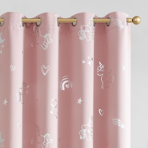 Vangao Regenbogen-Verdunkelungsvorhänge, rosa Einhorn, für Mädchen, Kinderzimmer, silberfarbener Foliendruck, Vorhänge, wärmeisoliert, Fenstervorhänge mit Ösen, 160 cm Länge, 2 Paneele