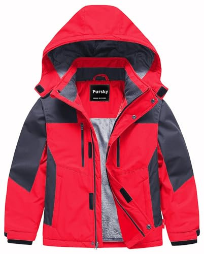 Pursky Kids Snowboard Jacket Ski Jackets for Boys Waterproof Breathable Fleece Lined Windproof Hooded Coat Red 14/16