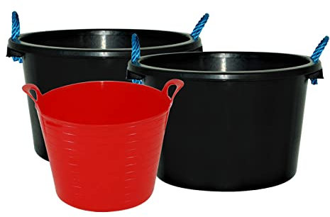 TENLITE SET OF - 2x 45L Bucket with Rope Handles + 42 Litre Multipurpose Red Flexi Tub | Plasters Mixing Muck Water Tub Storage | Home/Garden