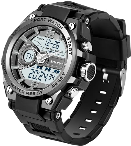 PINIDOUS Montre Homme Montre Digital Sport Homme M ilitaire étanche,Grand écran Analogique Digital Montre avec Alarme,LED,Chronomètre,Carillon Horaire,Montres Bracelets Multifonctions