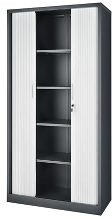 POLLOR Tambour Storage Cabinets, Lockable Steel Office Cupboard Rolling Sliding Door, 50kg Load Capacity Per Shelf (Anthracite Grey/White, 185cm)
