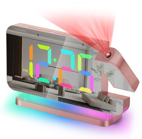 Poeroa Projector Clock,7.4 in Digital Alarm Clocks Projection on Ceiling Wall,with RGB Night Light,USB C Charging Port,Auto Dimming,LED Mirror Clock for Teen Girl Adults Bedroom Decor - Rose Gold