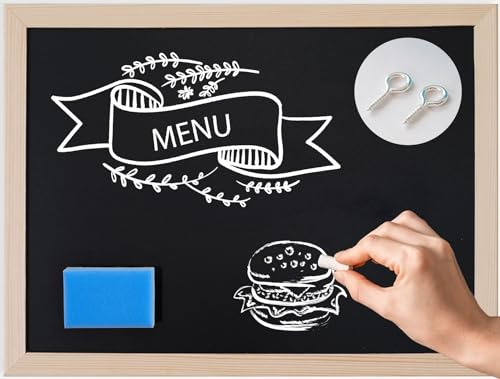 Schwarze Kreidetafel 30x40 cm zum Beschriften von Menü Aufhängen Abwischbare Wandtafel für Kinder Küche Schule Blackboard mit Holzrahmen Inklusive Kreide und Schwamm
