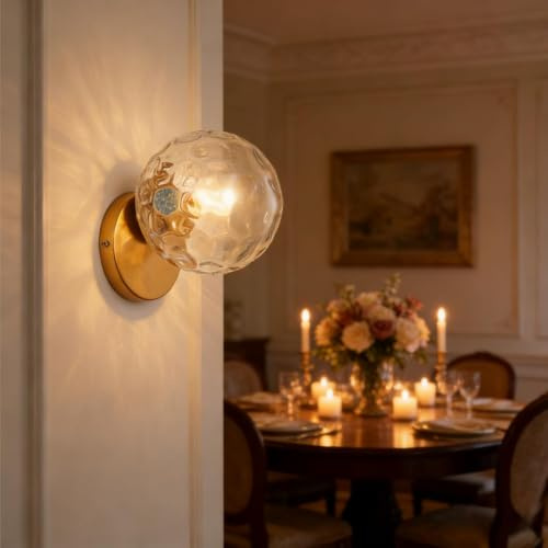 CRFASIBE Glas Kugel Wandleuchte E27 Gold Innen Retro Industrial Dekorlampe | Wellenglas Wandlampe, Minimalistische Design, Glühbirne ist Nicht Enthalten, passend für Schlafzimmer Flur Wohnzimmer Küche