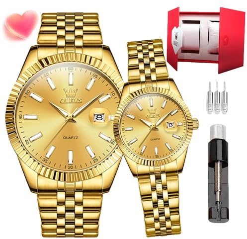 OLEVS Coppia orologio orologio impermeabile in acciaio inox luce notturna calendario orologio al quarzo, Cinturino per orologio in oro 5593, Classico