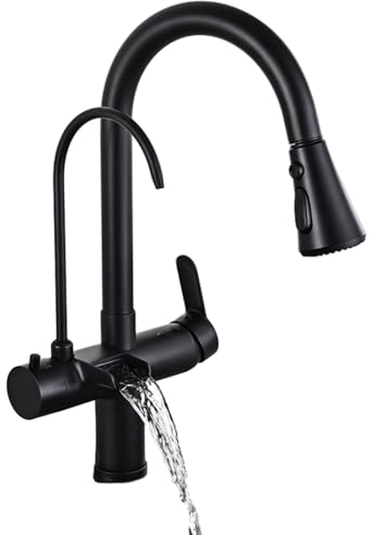 Wasserhahn Kuche Messing Drei-In-Eins Wasserhahn Waschbecken Ausziehbar Wasserfilter Wasserhahn Schwarz