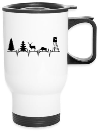 Spreadshirt Wald Tanne Hirsch Förster Jäger Herzschlag Thermobecher mit Henkel, One size, Weiß