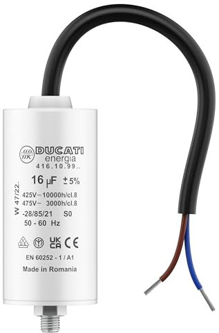 Condensateur 16 uF pour Moteur Monophasé - Utilisation pour Kärcher, Pompe de Piscine, Porte de Garage - 425V/450V/475V - Condensateur de Démarrage/Permanent avec Câble