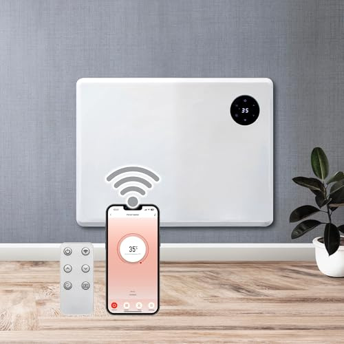 Purus 1000W WiFi Electric Panel Heater, Wall Mounted & Freestanding, White | 1000W smart heater with app, Alexa and Google Home control, 12m² coverage, 5–35°C thermostat, open-window detection and IP24.