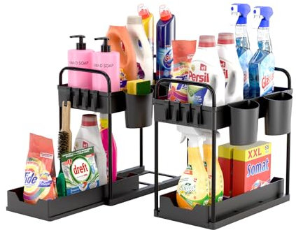 DMD Collective – 2pcs Under Sink Storage, Kitchen Organiser, 2 Tier Under Sink Shelf with Slide Out Draw & 2 Hanging Cups Multi-Purpose Storage For Kitchen, Bathroom and Laundry
