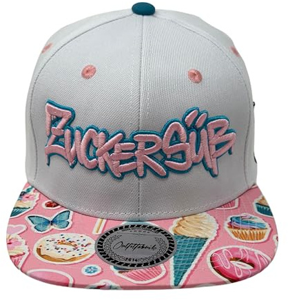 Outfitfabrik Snapback Cap „Zuckersüss“ in weiß, Schirm mit Candy-Motiv, 3D-Stick in rosa/blau, Unisex, verstellbar an der Rückseite