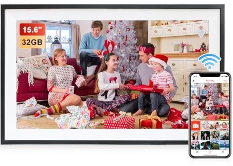 Frameo Digitaler Bilderrahmen 15,6 Zoll WLAN,1920x1080 FHD IPS Touchscreen Smart Fotorahmen,Elektronischer Fotorahmen Groß mit 32GB,Automatische Drehung,Teilen von Bildern, Videos,Wandmontage Möglich