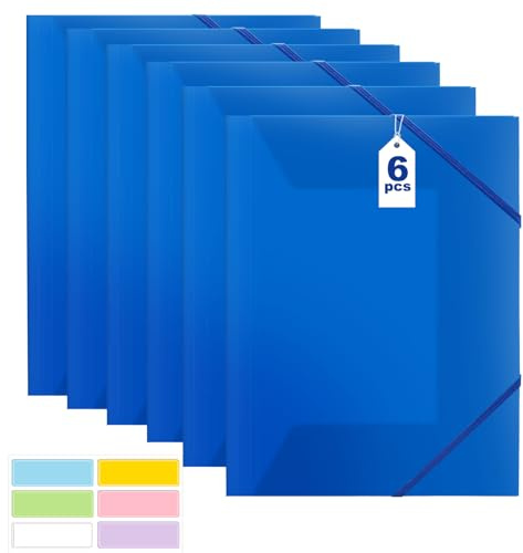 Dokumentenmappe A4, Sammelmappe 6 Stück, Postmappe A4 Schule, PP Kunststoff Ordnungsmappe Pultordner mit Gummizug, für Schule Bürobedarf (Blue)