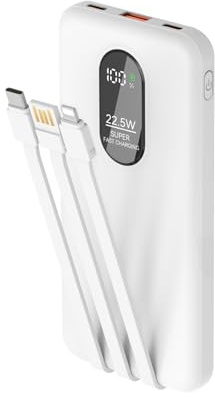 Odetrik 10000mAh Power Bank 22.5W Fast Charging Portable Charger Type-C In/Out 5 Outputs 3 Inputs with Built-in Cables Slim LCD Display Battery Pack for Smartphone Tablet and More (White)