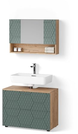 Livinity Ensemble de Meubles de Salle de Bain Ronco, Vert/Force de l'or Chêne, 2 pièces, Meuble Bas 80 cm