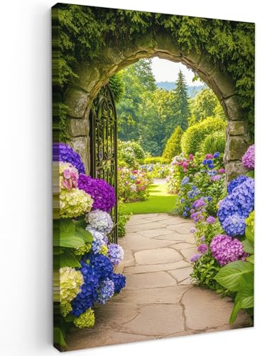 MuchoWow© Leinwand Bilder Groß XXL Wanddeko Wohnzimmer Aesthetic Room Decor | 80x120 cm - Deko Zimmer Wandbilder Modern Bild auf Fensterblick - Einfahrt - Hortensie - Blumengarten