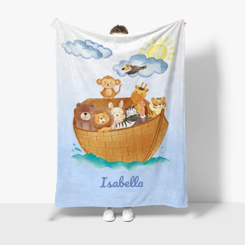 fotobar Wohndecke mit Namen personalisierbar, Kuscheldecke, Namensdecke mit niedlichem Tiermotiv, Geschenkidee Geburtstag Motiv Tiere Arche 140 x 200 cm