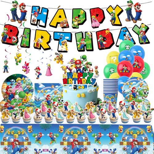 NlsqUK 85 PCS Mario Birthday Decorations, Mario Party Decorations Including Tableware Set Happy Birthday Banner Balloons Cake Topper Hanging Swirls, Party Supplies for Kids