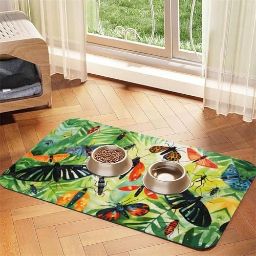 WZYCWB 40x60cm Watercolor Insects Printed Pet Absorbent Placemats - Non-Slip Food Mats for Dogs and Cats Food Bowls and Water Placemats