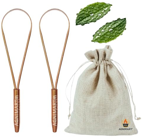 Pure Copper Tongue Cleaner Set with Linen Bag | Ayurvedic | Hygenic | Natural Bad Breath Treatment | Travel Metal Tongue & Mouth Scraper with Case | Stainless Steel & Plastic Alternative | Gift Ready