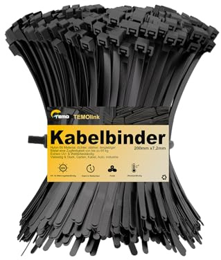 Temolink 100 bridas negras de 200 x 7,2 mm, resistentes a los rayos UV, 65 kg de resistencia a la tracción, autoblocantes, resistentes a la intemperie, para gestión de cables, jardín, oficina y taller
