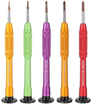 sourcing map Juego de 5 destornilladores Phillips de precisión de 1,2/1,5/2/2,5/3 mm S2 de acero magnético con mango de aluminio para gafas, reloj, laptop, rojo/verde/amarillo/morado