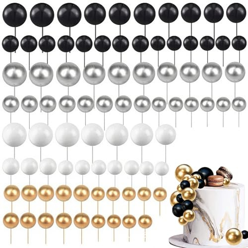 yolzhxe 108 Pezzi Decorazioni per Torte, Palline Cake Topper, Topper Foam Ball Torta, Decorazioni Torta per Compleanno Matrimonio Festa Baby Shower Valentine’s Day (Nero/Argento/Bianco/Oro)