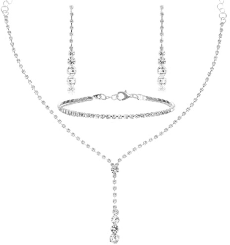 Gjinxi Silber Strass Kette Schmuck Set Damen Jewelry Ohrringe Hängend Armband Silberne Chain Choker Kette Ohrstecker Kristall Schmuckset Silberschmuck Silberarmband Brautschmuck Silberkette Hochzeit B