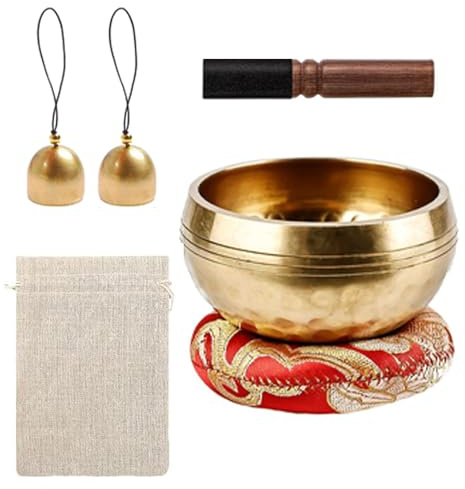 Tibetische Klangschale-Set, Handgefertigtes Klangschalen aus Messing mit Holzklöppel, Klangschalenkissen, Messingglocken - Sound Bath Instruments für Yoga, Meditation, Klang, Yoga, Klangtherapie