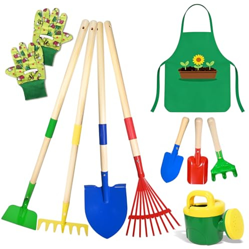 Skottkärra för barn, 10-pack barn skottkärra trädgårdsset med spade, kratta, gaffel, arbetshandskar, trädgårdsredskap barnskottkärra med tillbehör, trädgårdsverktyg förskoleset (B)