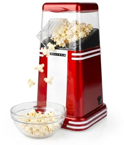 Melissa Retro Hot Air Popcorn Maker, 60g, Fresh Homemade Popcorn in 2–4 Min, 1200W - Red/White