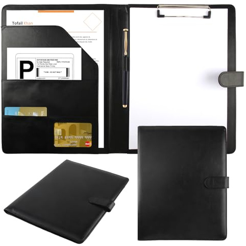 Sunyunze Porte Document A4 Conférencier A4 | Conferencier Cuir PU Porte Documents Homme Femme avec Fermeture Magnétique Avec Pince Support Papier pour L'école Bureau Noir