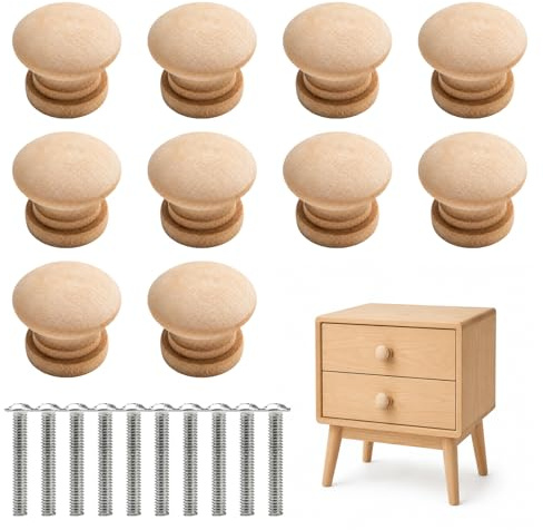 Set of 10 Unfinished Knobs and Screws, Wooden Door Knobs for Cupboards | Wooden Door Knobs with Screws, Drawer Knobs for Furniture Wardrobe Office Dresser Drawer Pull