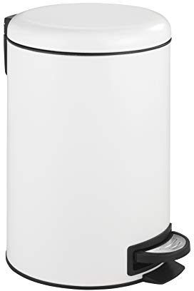 WENKO Küchen Abfalleimer Mod. Leman, 12 Liter, Mülleimer mit Absenkautomatik, Tretfunktion, herausnehmbarem Einsatz, aus lackiertem Stahl, 25 x 38 x 32 cm, Weiß matt