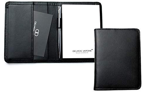 DELMON VARONE - Personalisierbares Notizblock Etui DIN A7 aus Boxcalf Premium Leder schwarz, Memoblock im Lederetui mit Mini Kugelschreiber, Stiftschlaufe, Einschubfach und blanko Notizblöcke