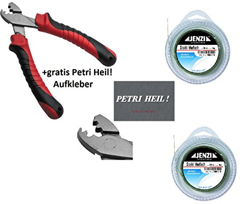 TOP Vorfach Set 2 x Stahlvorfach 15kg, 10m, 20 Quetschhülsen + Quetschhülsen - Zange & gratis Petri Heil! Aufkleber