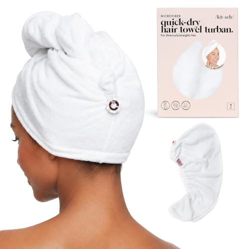 Kitsch - Asciugamano per capelli in microfibra satinata, super assorbente, ad asciugatura rapida, anti-crespo, per capelli lunghi e corti, fascia per capelli, bianco