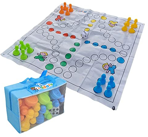 alldoro 60060 XXL Ludo, riesiges Brettspiel für drinnen und draußen, mit 16 großen Spielfiguren und Würfel, für Kinder ab 3 Jahren und Erwachsene, 150 x 150 cm, bunt