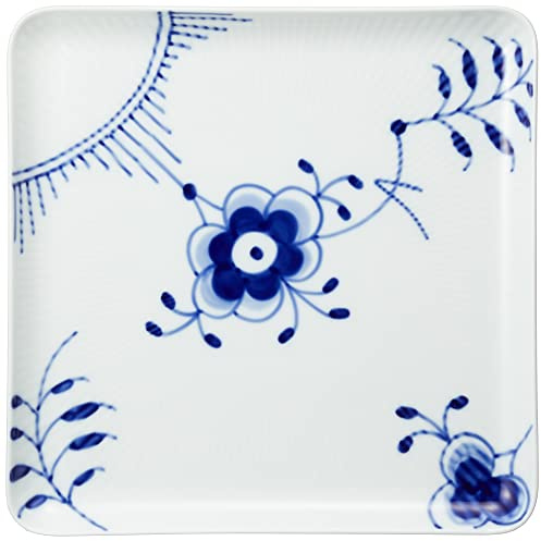 Royal Copenhagen Blue Fluted Mega Blau gerippter Teller aus Porzellan gefertigt, Quadratisch, 20 cm, 1027458, Blau/Weiß