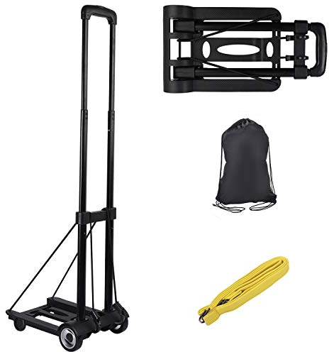 KINJOEK - Carro plegable de construcción sólida para equipaje con ruedas de gran tamaño y cuerda elástica adicional, plegable, ligero y compacto para equipaje de viaje, color negro