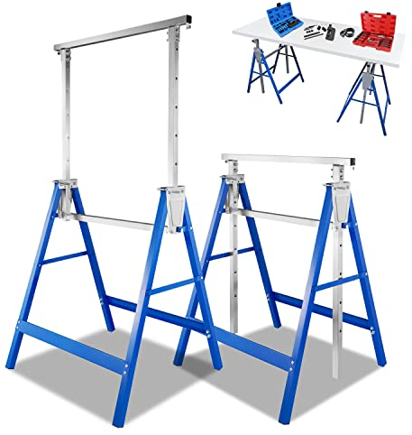 Fiqops 2 cavalletti da lavoro regolabili in altezza in 7 posizioni, 81 – 130 cm, cavalletto pieghevole portatile, portata 400 kg, cavalletto da lavoro, telaio in plastica antigraffio