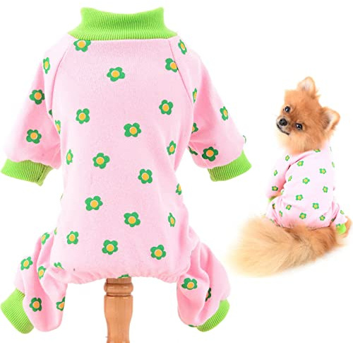SMALLLEE_LUCKY_STORE Female Pet Clothes Puppy Flowers Cotton Pajamas Pjs for Small Medium Dogs Cats Girls Pyjamas Jumpsuit Bodysuit Indoor Sweater Shirt with legs for Yorkie Chihuahua