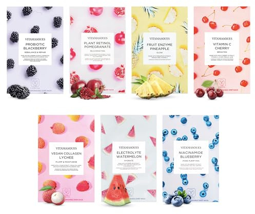 Vitamasques Face Masks Skincare Sheet Kit, 7-Pack - Juicy Collection of Triple-Layer Sheet Facial Masks - Korean Skin Care Pore Purifying, Brightening, and Hydrating