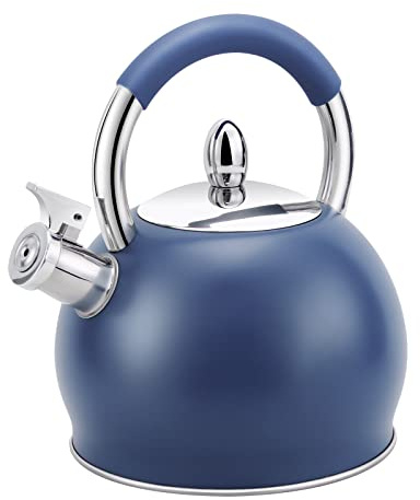 HRHongRui Whistling Tea Kettle for Stove Top Stainless Steel Tea Pot with Ergonomic Silicone Handle Teapot for Stovetop 3.2 Quart / 3 Liter Blue