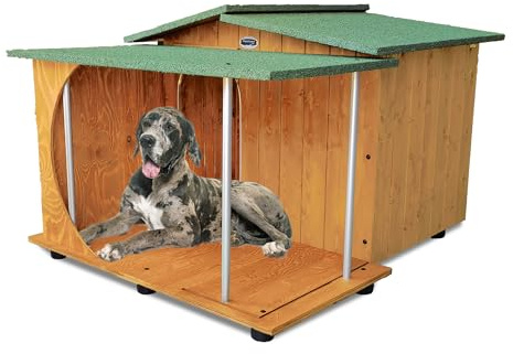 ORIGINAL LEGNO Hundehütten Hundehaus Hundehöhle mit Veranda Aus Massiv Holz Echtholz Geshenk THERMOVORHANG Made in Italy Mod. Oasi E - Deutsche Dogge 121x133xH87