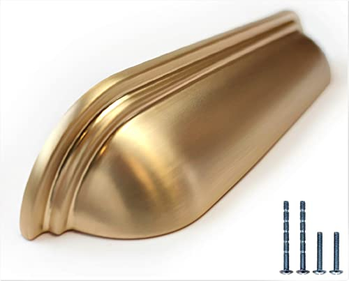 French Furniture Fittings Sets of 6 Cup Handles for Kitchen cabinets, Cupboard Drawer & Door Shell Handles, matt Brushed Brass Finish by FFF (128mm Between fixings)
