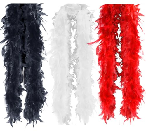 2 Meter Federboa Weihnachtsboa,3 Stücke Flauschige Federboa Truthahnfedern DIY Frauen Verkleidung Dekorationen Basteln Zubehör für Damen Kinder Weihnachten Karneval Party,Rot + Weiße + Schwarz