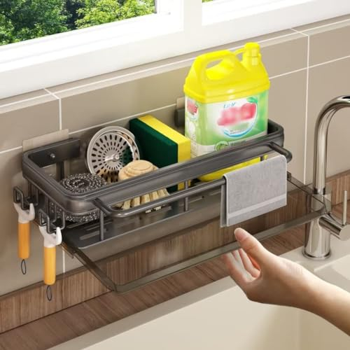 Kitchen Organiser, Kitchen Sink Organiser, Sponge HolderKitchen Multifunctional Sink Caddy, Removable Kitchen Sink Organiser, Wall Sink Caddy with Towel Rack and Hooks, black
