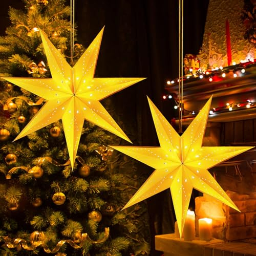 Stelle di Carta 3D Luminose 35 cm - 2 Pezzi - Decorazione Origami da Appendere per Natale, Matrimoni, Compleanni, Feste